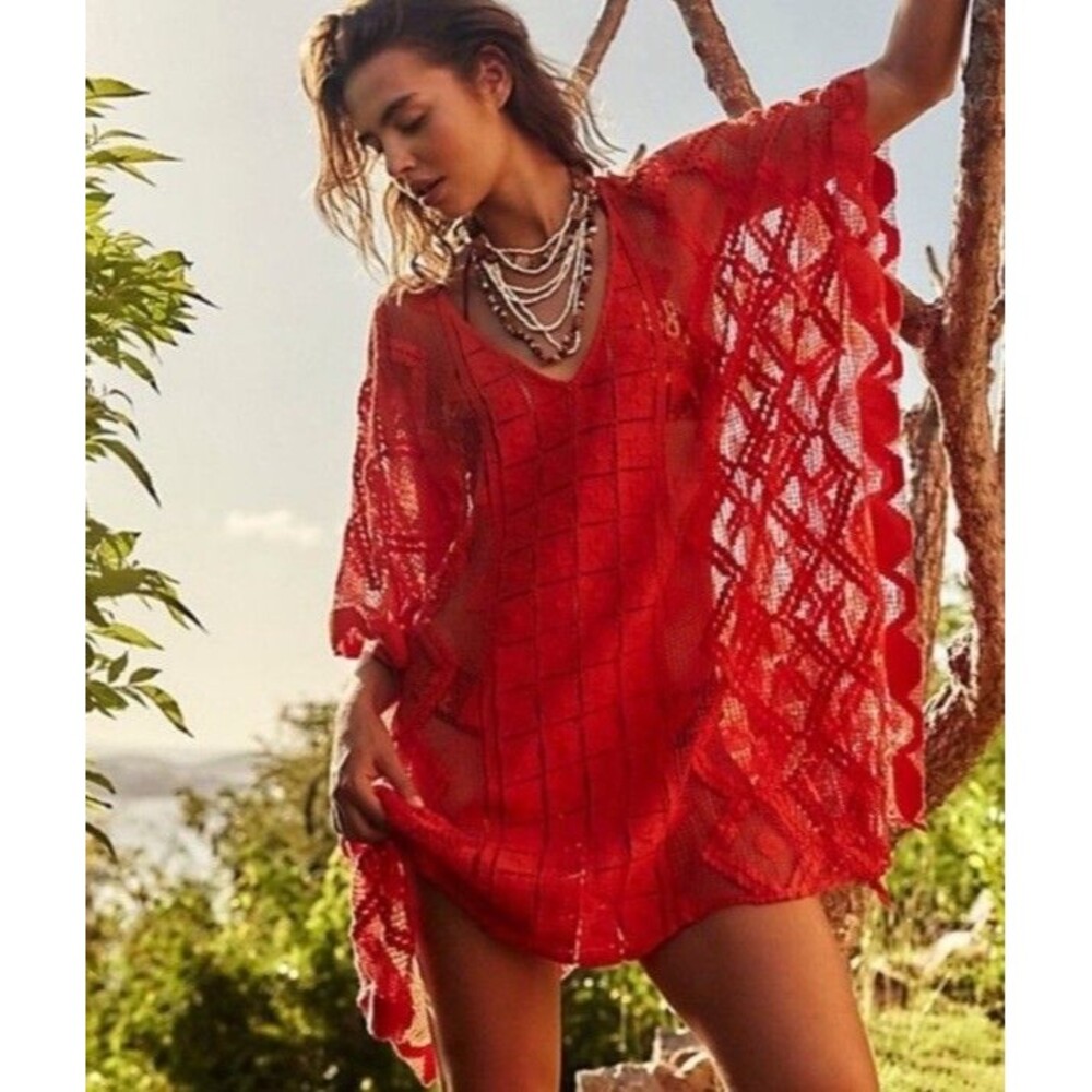 Free People Sunshine Crochet Kaftan Coverup Dress One Size Red Coral